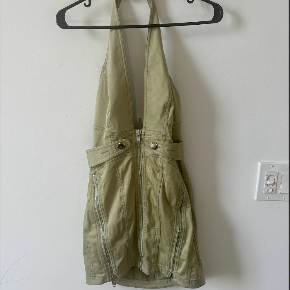 h:ours Olive Green Zip-Up Halter Mini Dress – US [S] – NWT